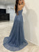 Sparkly Spaghetti Strap Sleeveless A-line Sequin Long Prom Dresses With Slit For Party, PG448