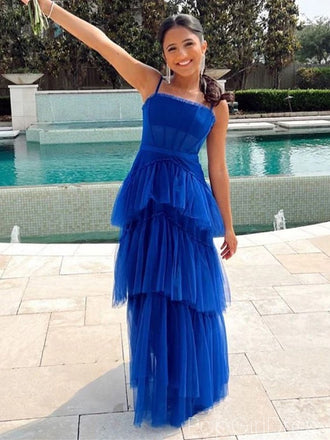 Simple Spaghetti Strap Sleeveless A-line Tulle Long Prom Dresses For Party, PG879