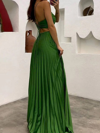 Sexy Spaghetti Strap Sleeveless A-line Satin Long Prom Dresses For Party, PG856
