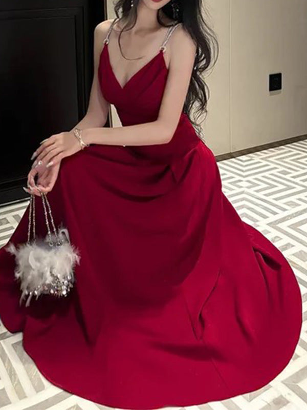 Elegant V-neck Sleeveless Mermaid Satin Long Prom Dresses For Party, PG771