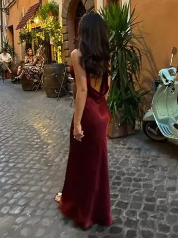 Sexy V-neck Sleeveless Mermaid Satin Long Prom Dresses For Party, PG880