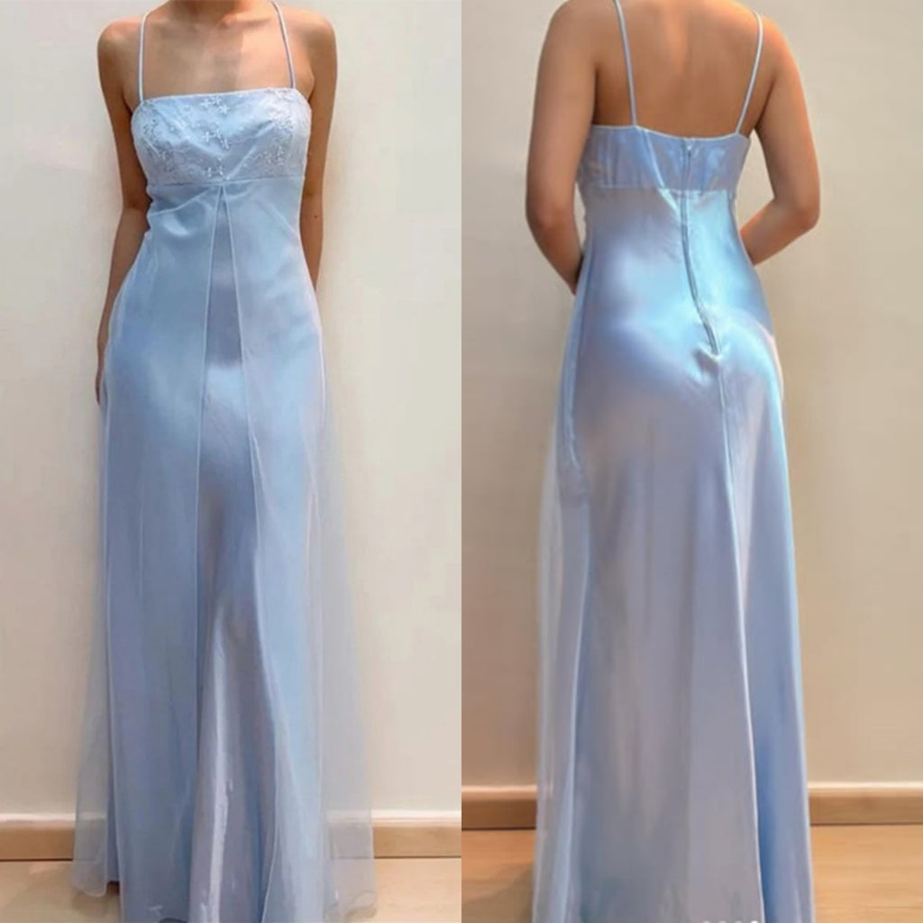 Elegant Spaghetti Strap Sleeveless Mermaid Satin Long Prom Dresses For Party, PG764