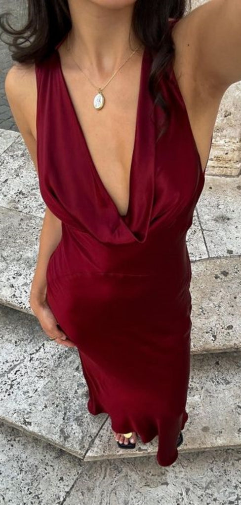 Sexy V-neck Sleeveless Mermaid Satin Long Prom Dresses For Party, PG880