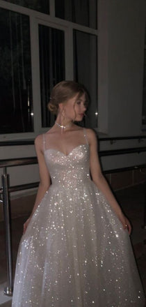 Shiny Spaghetti Strap Sleeveless A-line Sequin Long Prom Dresses For Party, PG795