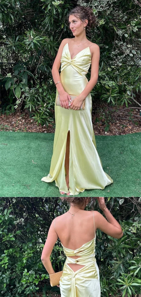 Soft V-neck Sleeveless Mermaid Satin Long Prom Dresses For Party, PG805