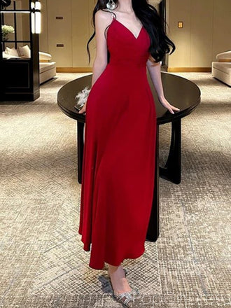 Elegant V-neck Sleeveless Mermaid Satin Long Prom Dresses For Party, PG771