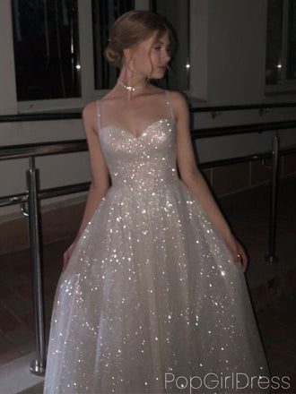 Shiny Spaghetti Strap Sleeveless A-line Sequin Long Prom Dresses For Party, PG795