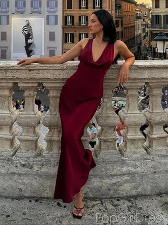 Sexy V-neck Sleeveless Mermaid Satin Long Prom Dresses For Party, PG880