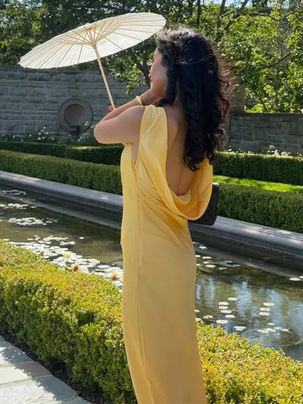 Sexy V-neck Sleeveless Mermaid Satin Long Prom Dresses For Party, PG881