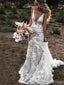 Elegant V-neck Sleeveless Mermaid White Lace Long Wedding Dresses With Trailing,PGW28