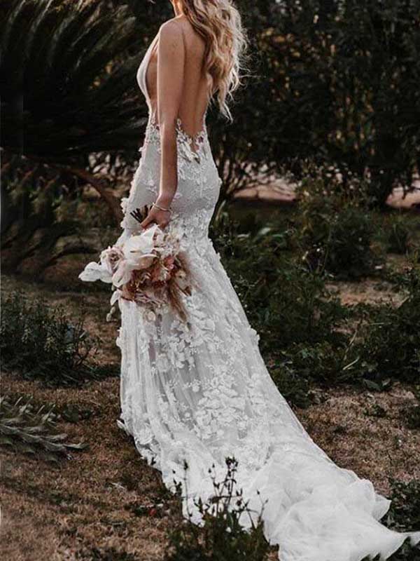 Elegant V-neck Sleeveless Mermaid White Lace Long Wedding Dresses With Trailing,PGW28
