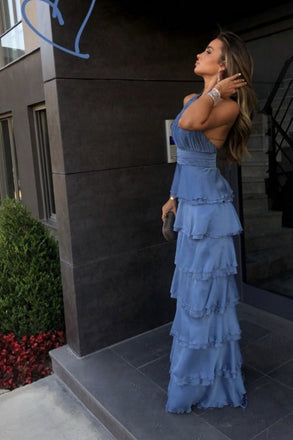 Elegant Halter Sleeveless A-line Chiffon Long Prom Dresses For Party, PG891