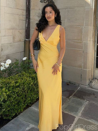 Sexy V-neck Sleeveless Mermaid Satin Long Prom Dresses For Party, PG881