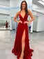 Elegant V-neck Sleeveless Red Velvet A-line Long Prom Dresses With Front Slit For Party, PG249