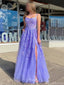 Elegant Spaghetti Strap Sleeveless A-line Tulle Long Prom Dresses With Slit For Party, PG260