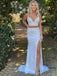 Sexy Spaghetti Strap V-neck Sleeveless Sequin Mermaid Long Prom Dresses With Front Slit For Party, PG202