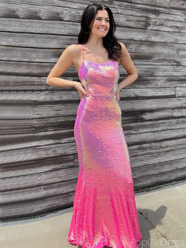 Sexy Spaghetti Strap Sleeveless Mermaid Sequin Long Prom Dresses With Trailing For Party, PG263