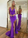Sexy V-neck Sleeveless Mermaid Satin Long Prom Dresses With Trailing For Party, PG214