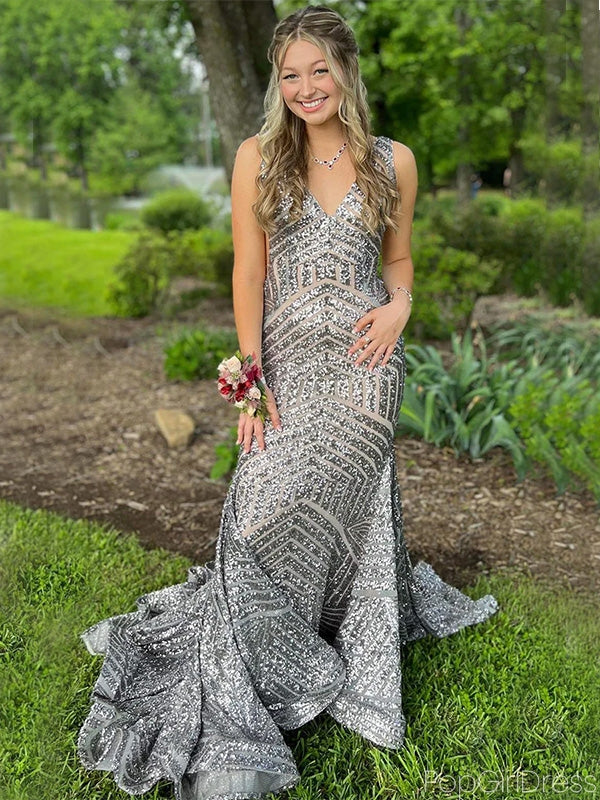 Sexy V-neck Sleeveless Mermaid Sequin Long Prom Dresses With Trailing For Party, PG227