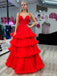 Elegant V-neck Spaghetti Strap Sleeveless Tulle A-line Red Long Prom Dresses For Party, PG204