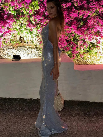 Sexy Halter Sleeveless Mermaid Sequin Long Prom Dresses For Party, PG979