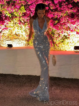 Sexy Halter Sleeveless Mermaid Sequin Long Prom Dresses For Party, PG979