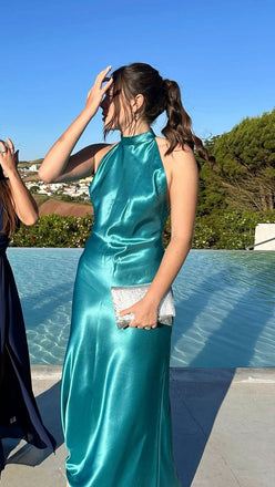 Soft Halter Sleeveless Mermaid Satin Long Prom Dresses For Party, PG915