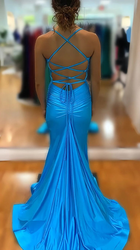 Sexy V-neck Sleeveless Mermaid Satin Long Prom Dresses For Party, PG1024