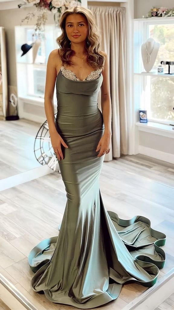 Sexy Spaghetti Strap Sleeveless Mermaid Satin Long Prom Dresses For Party, PG749