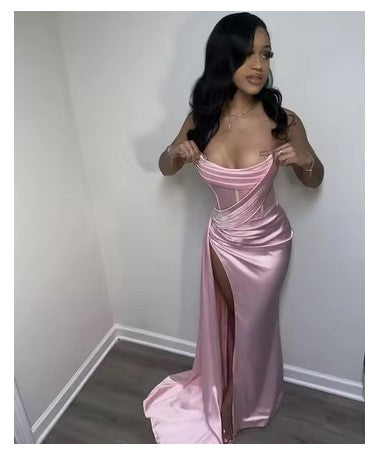 Sexy Sweetheart Sleeveless Mermaid Satin Long Prom Dresses With Slit For Party, PG404