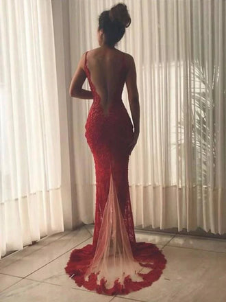 Sexy Red V-Neck Mermaid Side Slit Long Prom Dress Ideas, Evening Party Dresses , PG1030