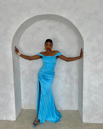 Sexy Off-shoulder Sleeveless Mermaid Satin Long Prom Dresses For Party, PG821