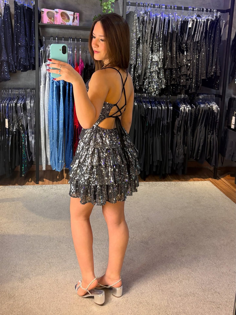 Shiny Spaghetti Strap Sleeveless A-line Sequin Short  Homecoming Dresses For Party, PGH494