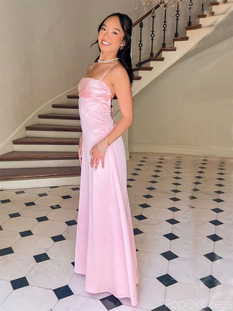 Simple Spaghetti Strap Sleeveless A-line Satin Long Prom Dresses For Party, PG309