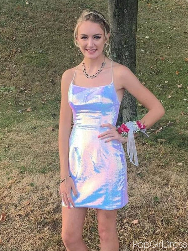 Simple Spaghetti Strap Short Sleeveless Sequin Mermaid Homecoming Dresses For Party, PGH321