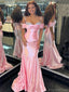 Sexy Off-shoulder Sleeveless Mermaid Satin Pink Long Prom Dresses With Trailing For Party, PG265