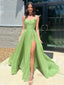 Elegant Spaghetti Strap Sleeveless A-line Long Prom Dresses With Front Slit For Party, PG233