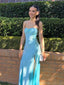 Simple Spaghetti Strap Sleeveless A-line Satin Long Prom Dresses With Slit For Party, PG305