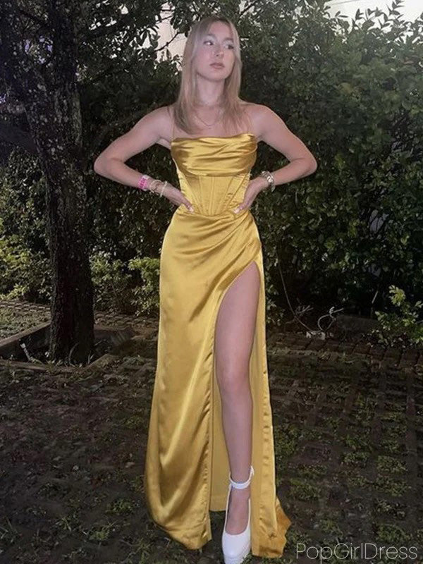 Sexy Spaghetti Strap Sleeveless Mermaid Satin Long Prom Dresses With Slit For Party, PG317