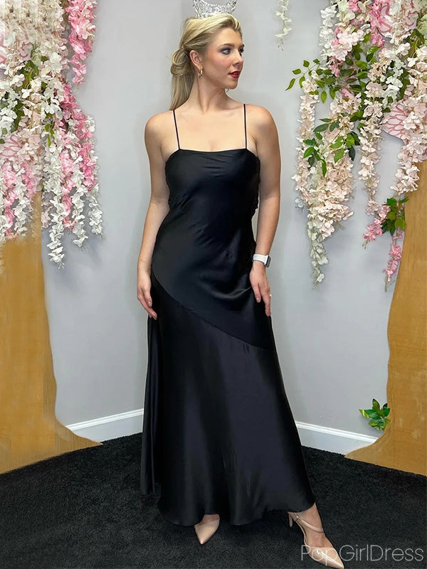 Sexy Spaghetti Strap Black Sleeveless Mermaid Satin Long Prom Dresses For Party, PG257