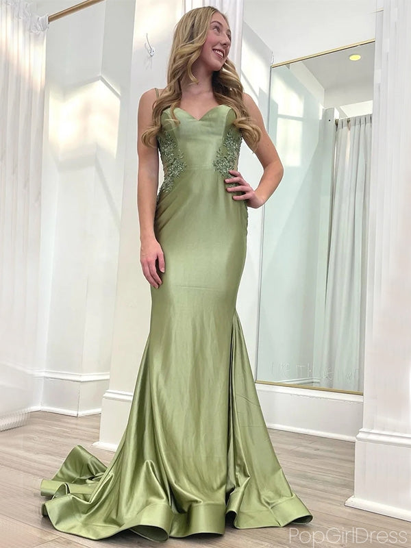 Gorgeous Spaghetti Strap Sleeveless Satin Mermaid Long Prom Dresses With Trailing For Party, PG241