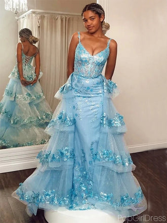 Elegant Spaghetti Strap V-neck Sleeveless Tulle Mermaid Long Prom Dresses With Trailing For Party, PG245