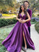 Formal V-neck Sleeveless Satin A-line Long Prom Dresses With Slit For Party, PG244