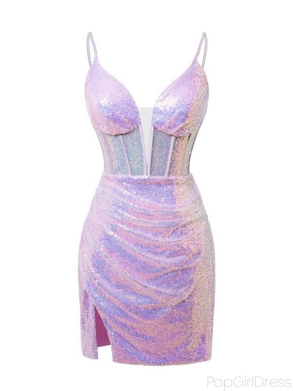 Sexy Spaghetti Strap V-neck Sleeveless Short Mermaid Sequin Homecoming Dresses For Party, PGH217