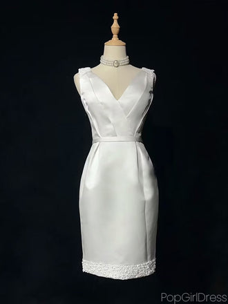 Simple V-neck Sleeveless mermaid Satin White Homecoming Dresses For Party, PGH302