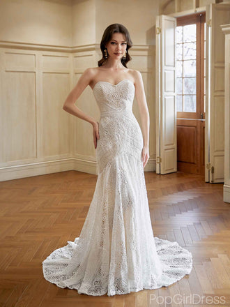 Gorgeous Sweetheart Sleeveless Mermaid White Long Wedding Dresses With Trailing, PGW14
