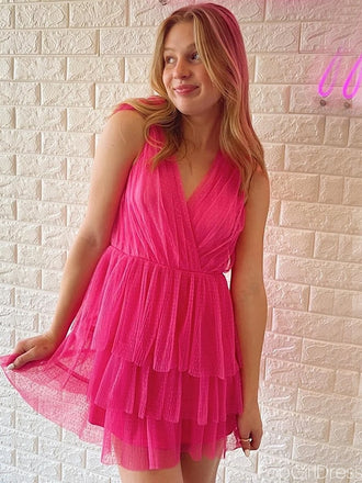 Simple V-neck Sleeveless Tulle A-line Ruffles Homecoming Dresses For Party, PGH346