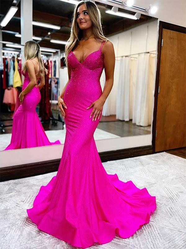 Sexy Spaghetti Strap V-neck Sleeveless Mermaid Long Prom Dresses With Trailing For Party, PG190