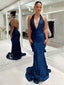 Sexy Halter V-neck Sleeveless Mermaid Satin Long Prom Dresses With Trailing For Party, PG258