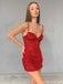 Sexy Spaghetti Strap Sleeveless Short Mermaid Red Sequin Homecoming Dresses For Party, PGH262